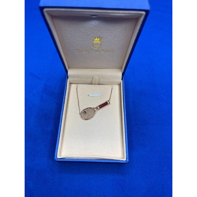 Tennis Racket Red Carnelian Handle Green Emerald Tennis Ball Jewelry 18 Karat For Sale - Image 9 of 9