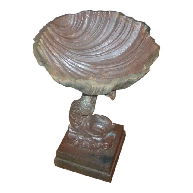 19th Century American Cast Iron Dolphin Support & Shell Basin Bird Bath Font or Planter For Sale