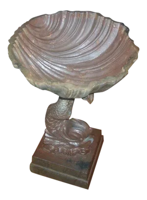 19th Century American Cast Iron Dolphin Support & Shell Basin Bird Bath Font or Planter