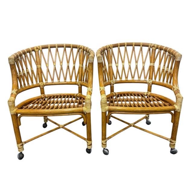 Brown Vintage McGuire Rattan Barrel Chairs on Casters – Set of 4 For Sale - Image 8 of 12
