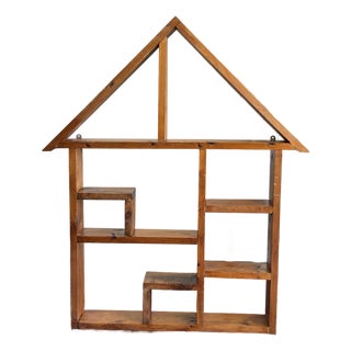 Antique Handmade Solid Wood House Shelf – Rustic Trinket Display Curio Wall Shelf For Sale