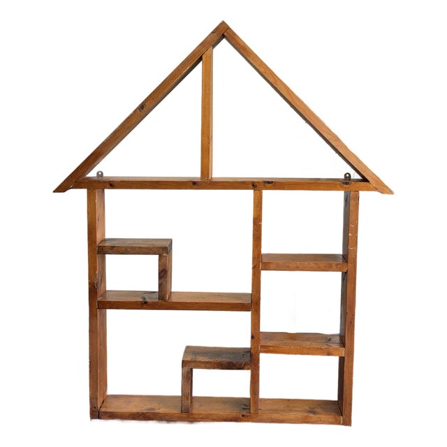 Antique Handmade Solid Wood House Shelf – Rustic Trinket Display Curio Wall Shelf For Sale