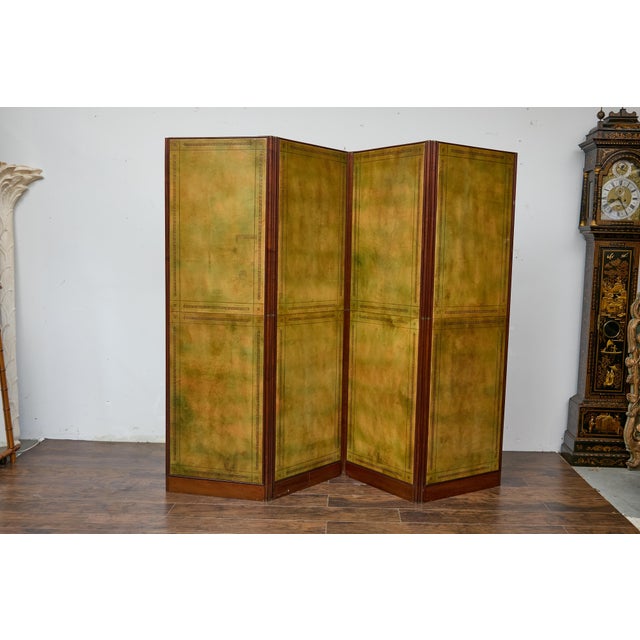 Antique English Leather Four-Panel Room Divider, Early 1900s Decorative Screen For Sale - Image 12 of 12