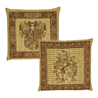Pair of Heraldic Chenille Tapestry Cushions With Feather Filler - 46x46cm For Sale
