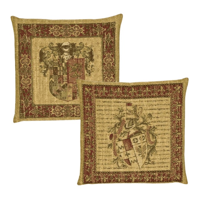 Pair of Heraldic Chenille Tapestry Cushions With Feather Filler - 46x46cm For Sale