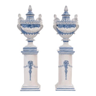 Pair of Vintage Monumental 79” Italian Blue & White Glazed Ceramic Lidded Urns on Pedestals For Sale