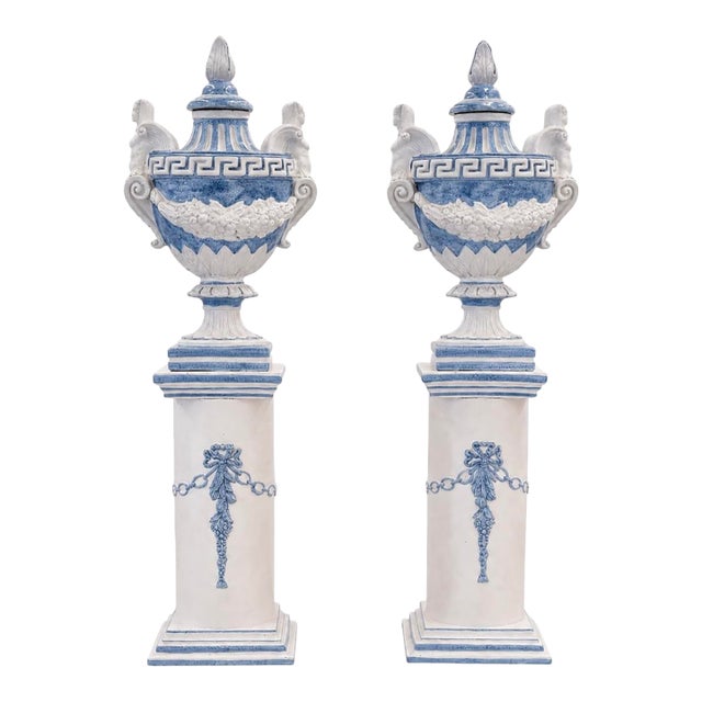 Pair of Vintage Monumental 79” Italian Blue & White Glazed Ceramic Lidded Urns on Pedestals For Sale