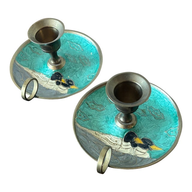 Vintage Enameled Candlestick Holders With Duck Motif For Sale
