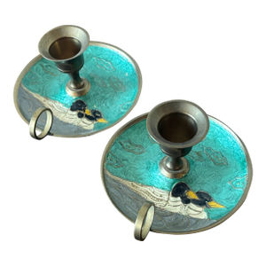 Vintage Enameled Candlestick Holders With Duck Motif