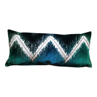 Schumacher Chevron Pattern Flame Stitch Velvet Rectangular Pillow in Blue Green Peacock Color For Sale