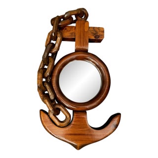 Nautical Folk Art Hand-Carved MCM Wooden Anchor and Chain Mirror For Sale