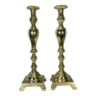 Set of 2 Tall Mid-Century Modern Brass Candlesticks For Sale