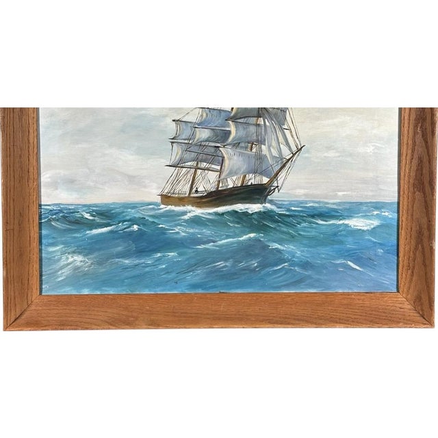 Vintage Mid Century Maritime Clipper Ship Framed Original Seascape Oil Painting For Sale In Portland, ME - Image 6 of 13