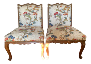 Antique Designer Fabric Upholstered Side Chairs - a Pair
