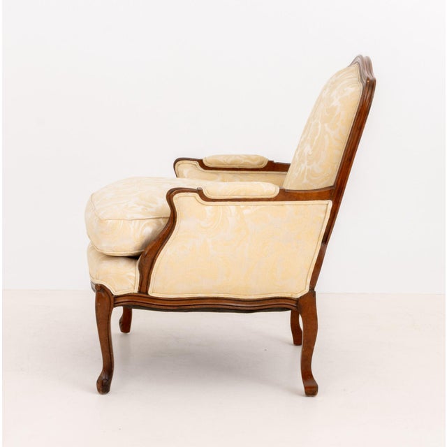 Wood Louis XV Style White Silk Damask Upholstered Walnut Bergere For Sale - Image 7 of 9