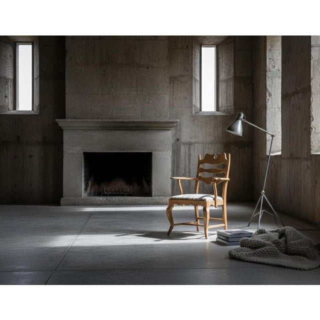 A striking brutalist oak armchair designed by henning (henry) kjærnulf for e.g. Møbler, produced in the 1960s. Crafted in...