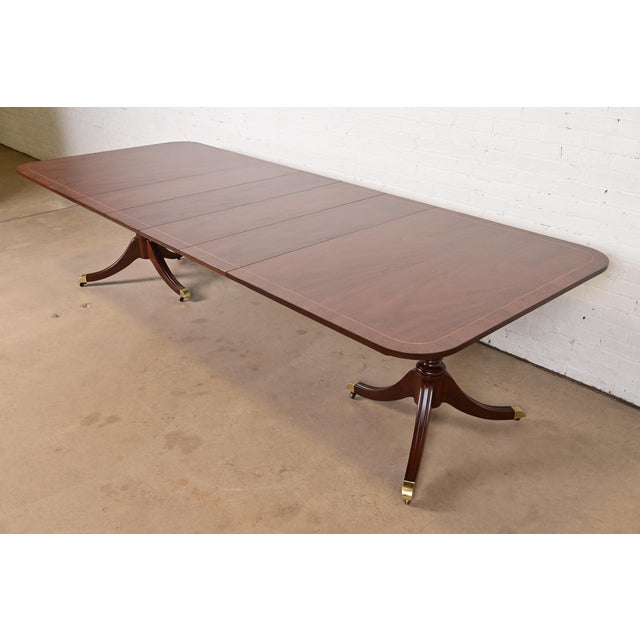Kindel Furniture Georgian Banded Mahogany Double Pedestal Extension Dining Table, Newly Refinished For Sale - Image 13 of 13