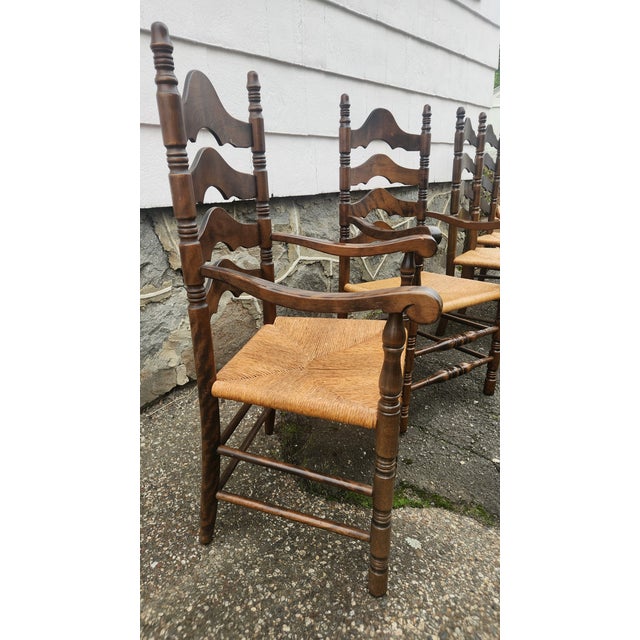 1960s Set of 6 Vintage Ladder Back Dining Chairs With Rush Seats, French Country Cottage Style For Sale - Image 5 of 18