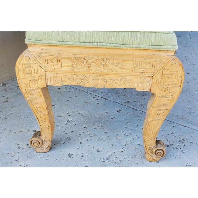 Pistachio 1920s Antique Chinese Hand Carved Upholstered Wooden Long Bench For Sale - Image 8 of 12