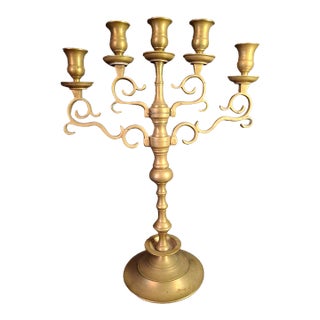 Antique Polish Brass 5 Light Sabbath Candelabra 19th C Judaica Menorah Candle For Sale