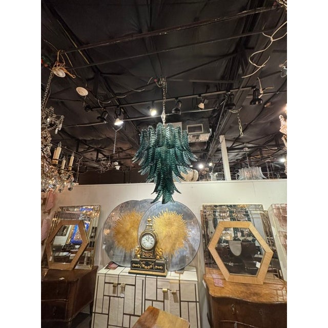 Modern Murano Deep Green Palm Leaf Chandelier For Sale - Image 3 of 4