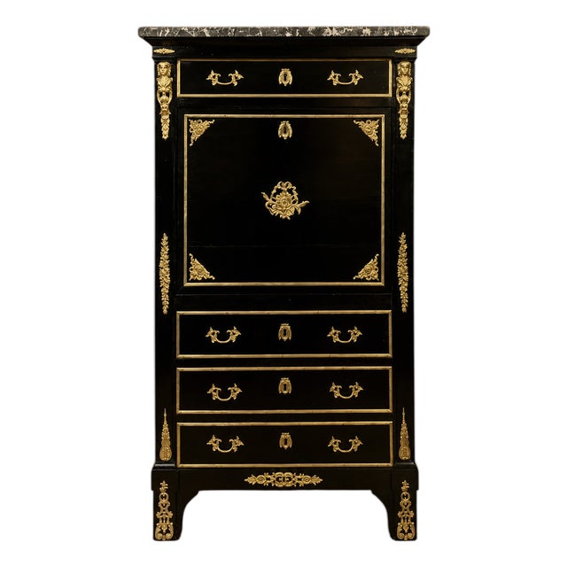 Drop-Front Secretaire Desk in Black Lacquered Wood and Gilt Bronze Mounts For Sale