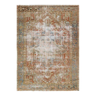 Antique Shabby Chic Persian Heriz Handmade Rusted Wool Rug For Sale