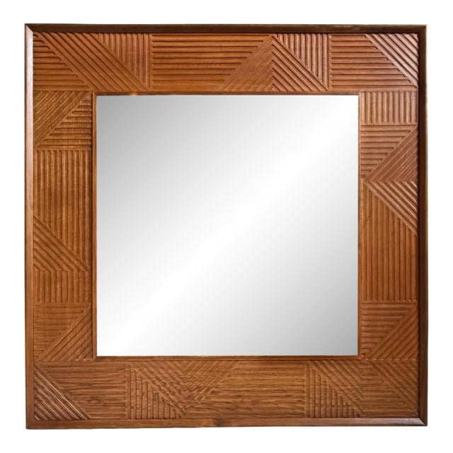 Walnut Deco Wood Square Wall Mirror For Sale