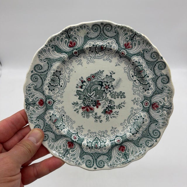 Ceramic Set of 6 Antique English Adams Green & Red Transferware "Jacobean" Plates For Sale - Image 7 of 12
