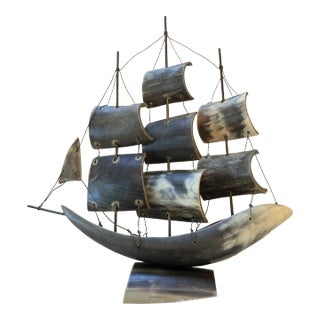 Mid-Century Hand-Carved Horn Sail Boat For Sale