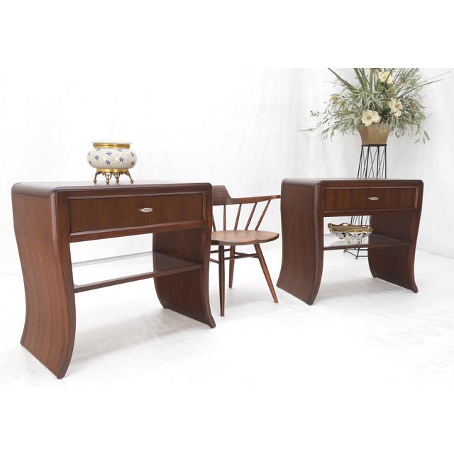 Pair Century Walnut Waterfall Brand New Old Stock Two Tier End Side Tables Stand For Sale - Image 9 of 17
