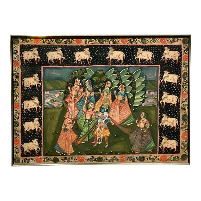 Vintage Indian Pichwai Folk Art Painting on Silk For Sale