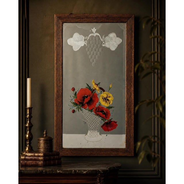 Gothic Vintage Floral Wall Mirror Victorian Etched Hanging Wood Framed Antique Folk Art For Sale - Image 3 of 10