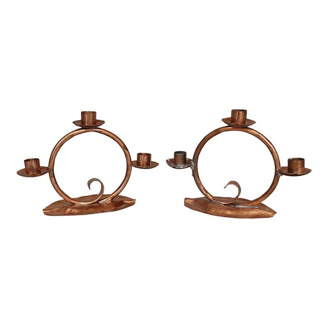 1930's Craftsman Studios Hammered Copper Candelabra, a Pair For Sale