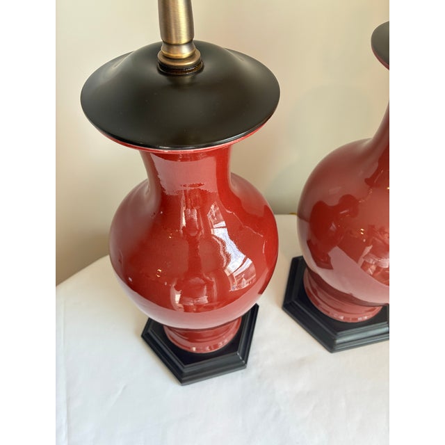 Oxblood Red Vintage Oriental Accent Co. Sang De Boeuf / Oxblood Red Porcelain Baluster Table Lamps - a Pair For Sale - Image 8 of 12