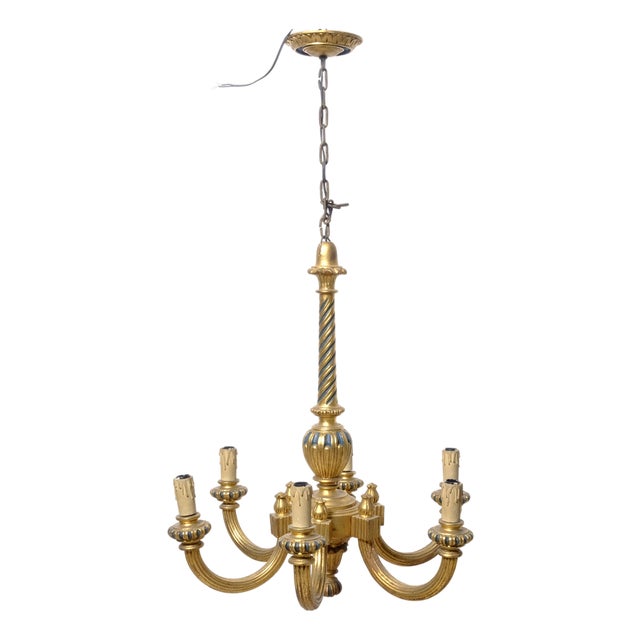 Gilded Wood 6-Arm Chandelier, 1940s For Sale