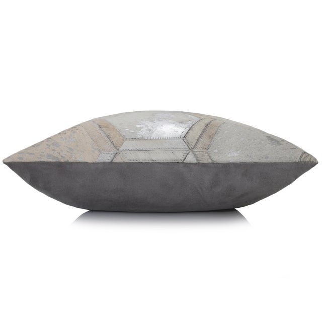 Textile Luxury Silver Metallic Honeycomb Genuine Cowhide Pillow 18x18 | Handmade Designer Leather Cushion For Sale - Image 7 of 7