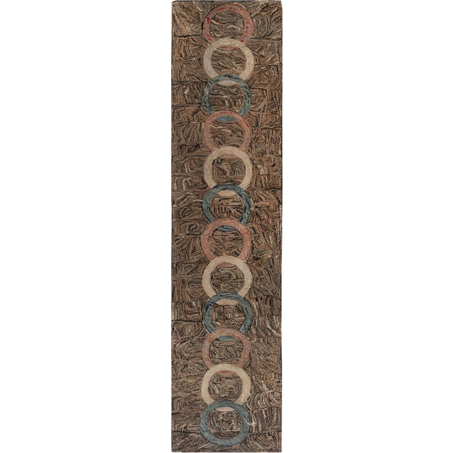 Doris Leslie Blau American Hooked Vintage Abstract Warm Tan Hand-Knotted Runner For Sale