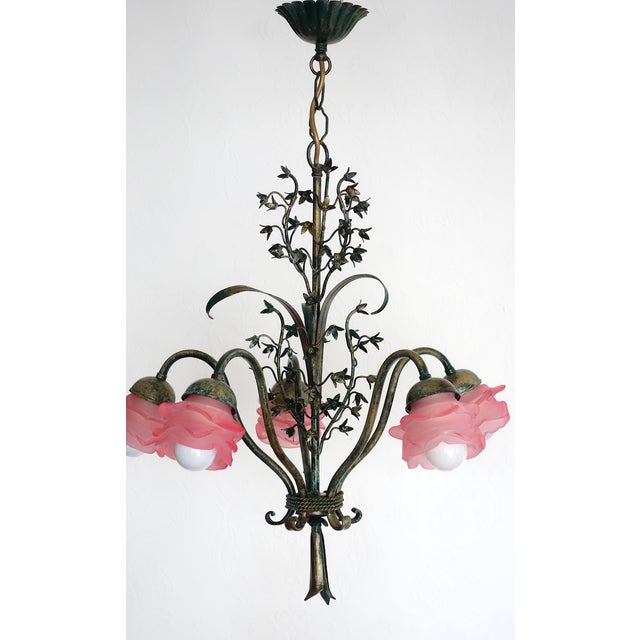 1970s Vintage Green-Gold Patinated Metal Pink Shade Chandelier, 1970s For Sale - Image 5 of 18