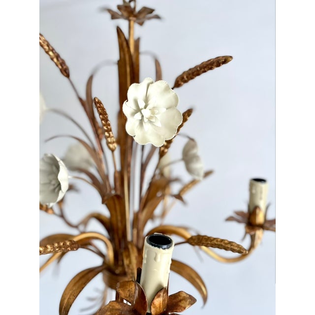 Gilt Tole Floral and Wheat Chandelier, 1960 For Sale - Image 6 of 18