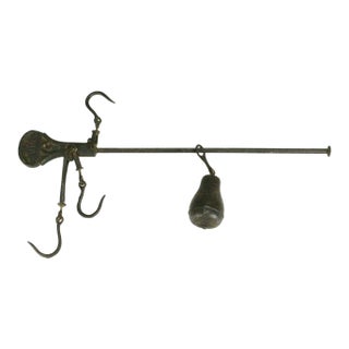 1800's Cast Iron Hanging Balance Beam Scale 3 Hooks Original Counterweight For Sale