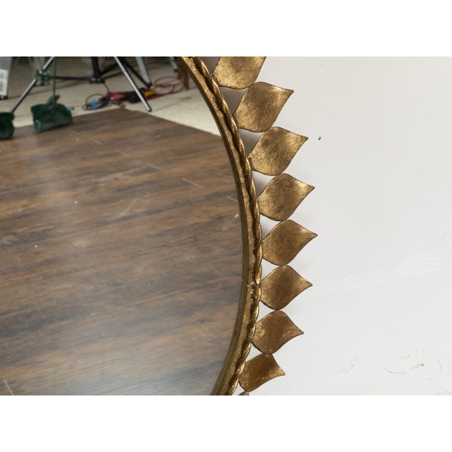 Pair of Midcentury Spanish Gilt Metal Round Mirrors with Leaves and Twisted Rope For Sale - Image 9 of 10