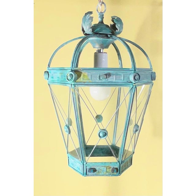 Vintage Style Solid Brass Verdigris Hanging Lantern - Restored & Rewired For Sale - Image 13 of 14