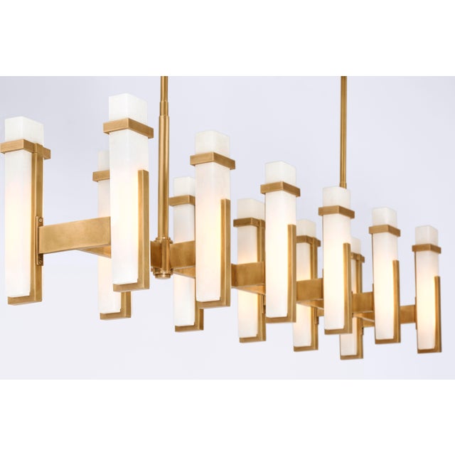 2020s Ian K. Fowler for Visual Comfort Signature Malik Large Linear Chandelier in Hand-Rubbed Antique Brass with Alabaster For Sale - Image 5 of 10