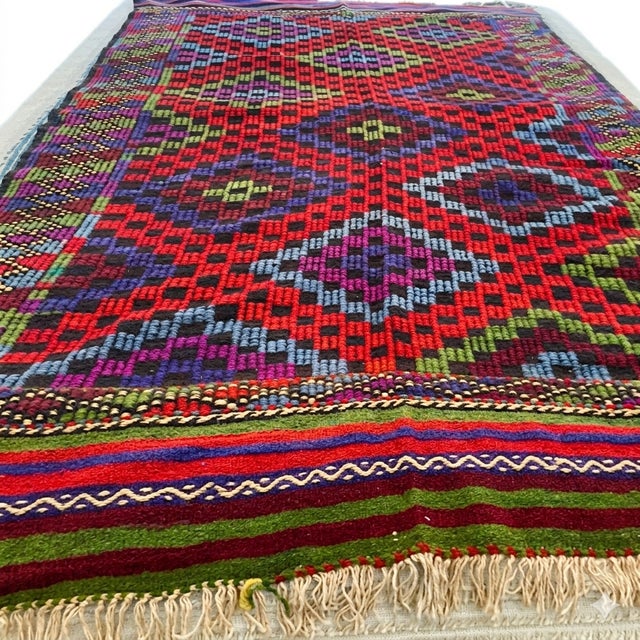 Textile Mid-Century Handwoven Anatolian Kilim Expressive Geometric Symbolism & Heritage Wool For Sale - Image 7 of 11