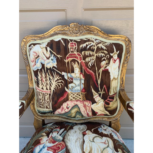 Wood French Provincial Louis XV Giltwood Fauteuil With Chinoiserie Tapestry Upholstery For Sale - Image 7 of 12