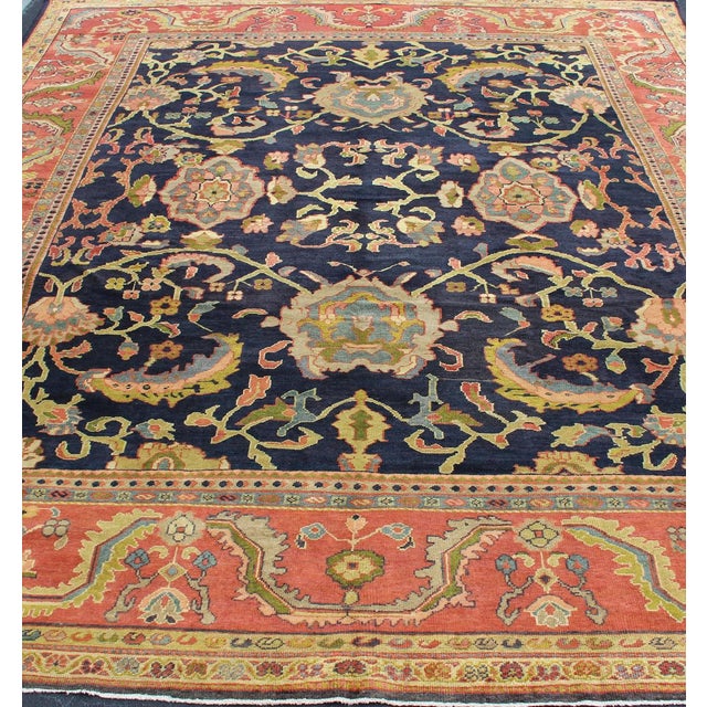 Textile Antique Persian Sultanabad Carpet in Navy Blue Background and Rose Red Border 10'5 X 13' For Sale - Image 7 of 18