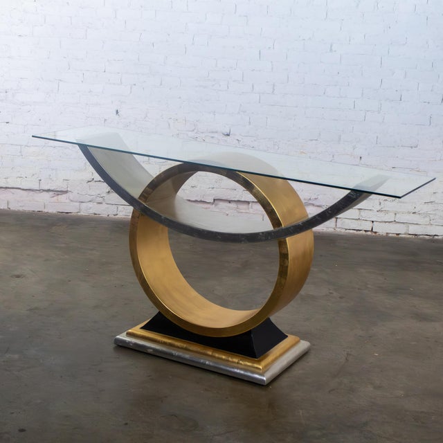 Awesome vintage Art Deco Revival to Postmodern sofa or console table composed of gold and silver leafed sculptural...