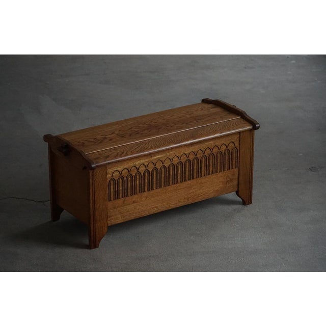 Mid 20th Century Modern Danish Oak Chest with Decorative Relief Carving, 1940s For Sale - Image 4 of 18