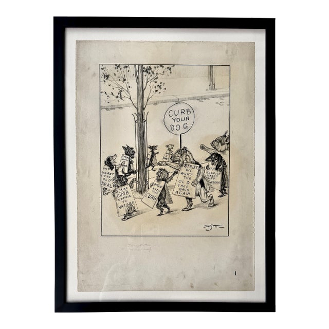 Original Vincenzo Zito Humorous Dog Protest Illustration, Graphite Drawing, 1950s For Sale